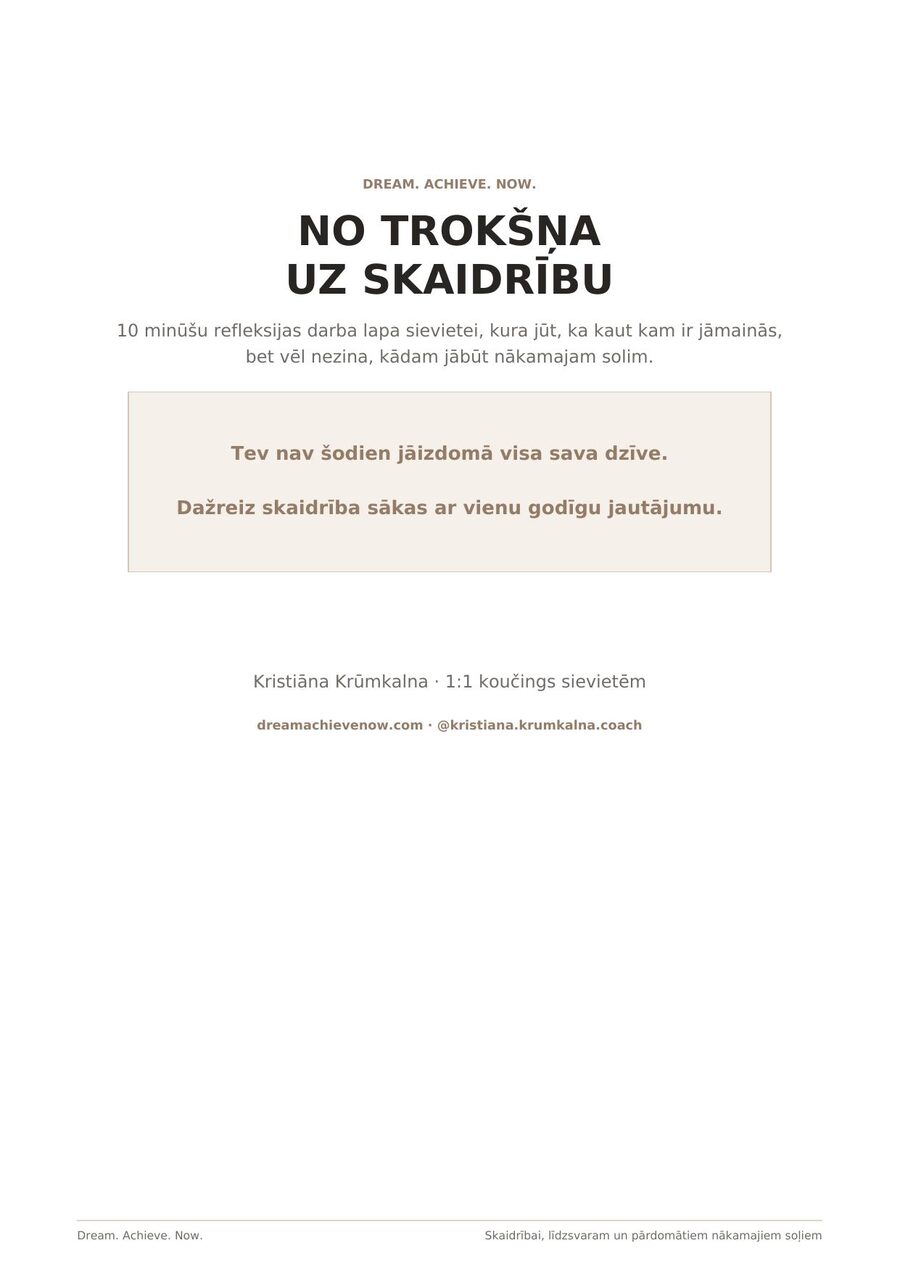 Darba lapas “No trokšņa uz skaidrību” vāks ar Dream. Achieve. Now. zīmolu